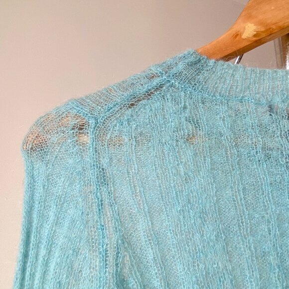 ❄️ Turquoise Blue Mohair Blend Thin Second Skin See Through Long Sleeve Sweater - Picture 7 of 7